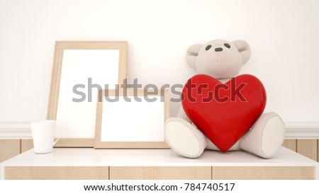 Heart in the middle of the teddy bear with frame picture and cup on wood cabinet - Artwork for Valentine Day - 3D Rendering