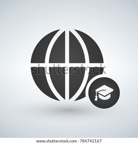 minimal globe icon with graduation cap in circle, vector illustration