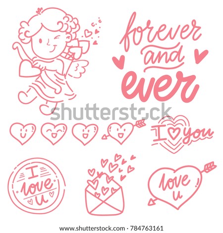Hand drawn outline elements and objects for Valentine Day with Cupid angel baby and lettering text, smiling heart doodles, love stamp and envelope in cartoon vector style
