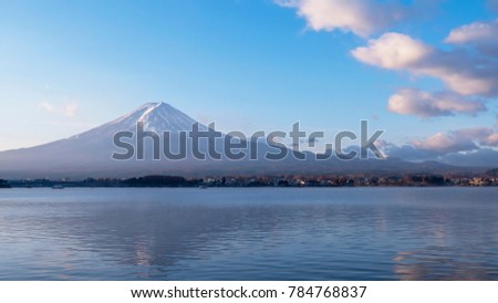 Landscape of Fuji mountain view beside lake under blue sky and white cloud