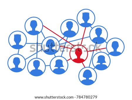 Infection spreading concept. Stock vector illustration of user icons in a community, social network with one ill person. Flu pandemic, disease epidemics, virus and bacteria transmission. Royalty-Free Stock Photo #784780279