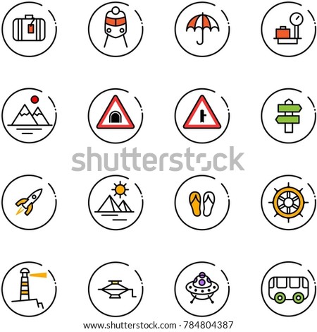 line vector icon set - suitcase vector, train, insurance, baggage scales, mountains, tunnel road sign, intersection, signpost, rocket, pyramid, flip flops, hand wheel, lighthouse, jack, ufo toy, bus