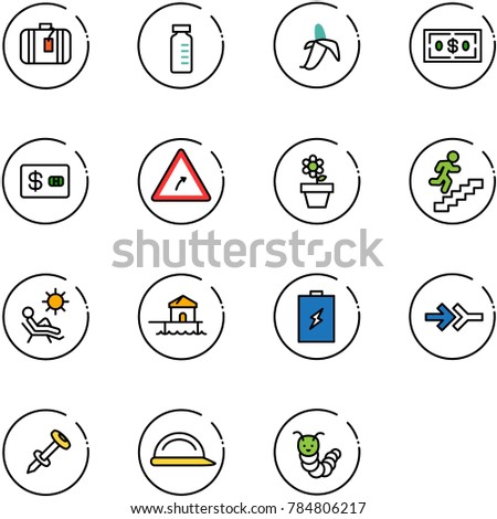 line vector icon set - suitcase vector, vial, banana, dollar, credit card, turn right road sign, flower pot, career, beach, bungalow, battery, connect, nail dowel, construction helmet