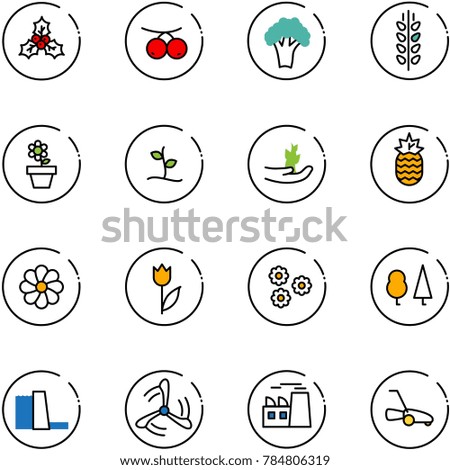line vector icon set - holly vector, rowanberry, broccoli, spica, flower pot, sproute, hand, pineapple, tulip, forest, water power plant, wind mill, lawn mower