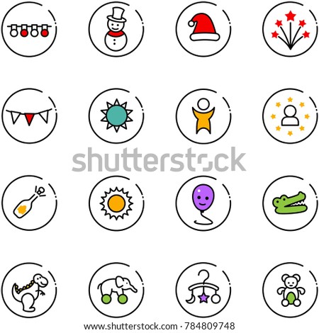 line vector icon set - garland vector, snowman, christmas hat, firework, flag, sun, success, star man, fizz opening, balloon smile, crocodile, dinosaur toy, elephant wheel, baby carousel, bear
