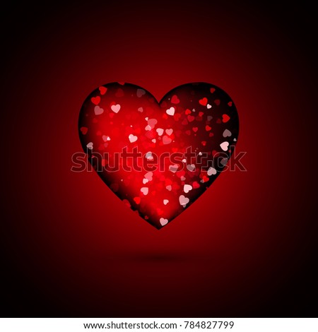 Shiny red heart with little sparkles hearts. Greeting card for Valentines day. Vector illustration