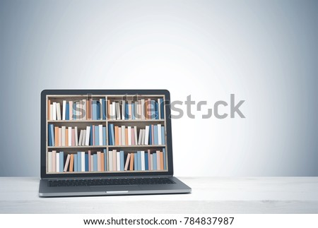 Laptop with bookshelves on its screen is standing on a white desk. A gray wall background. A side view. 3d rendering mock up