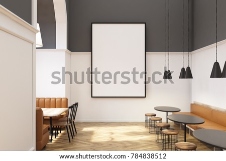 White and gray restaurant interior with brown sofas standing near rectangular and round wooden tables, and a vertical poster. 3d rendering mock up Royalty-Free Stock Photo #784838512