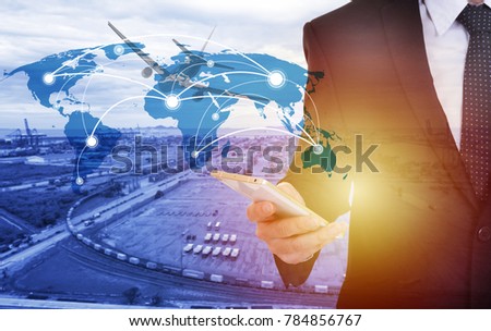 Global network coverage world map with businessman ,Industrial Container Cargo freight ship at habor for Logistic Import Export background (Elements of this image furnished by NASA)