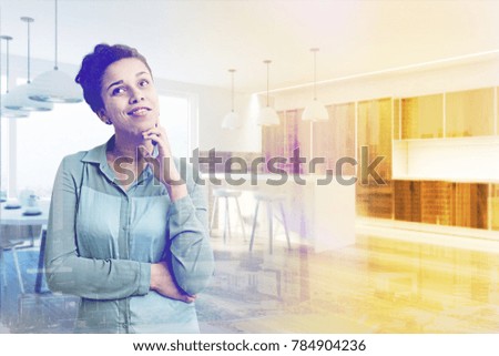 African American woman in a dining room interior with a wooden floor, wooden countertops, and a bar. 3d rendering mock up toned image double exposure