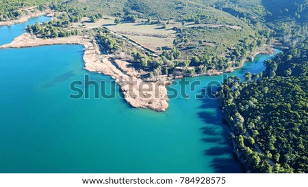 Aerial bird's eye view photo taken by drone of lake and Dam of Marathonas with beautiful nature, Attica, Greece