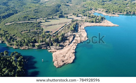 Aerial bird's eye view photo taken by drone of lake and Dam of Marathonas with beautiful nature, Attica, Greece