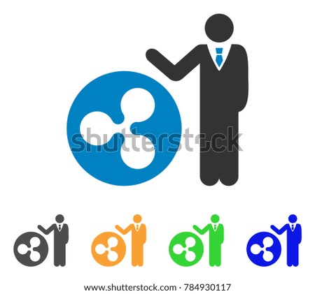 Businessman Show Ripple Coin icon. Vector illustration style is a flat iconic businessman show ripple coin symbol with grey, yellow, green, blue color versions.
