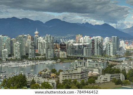 View of Vancouver skyline as viewed from Mount Pleasant District, Vancouver, British Columbia, Canada, North America September 14 2017