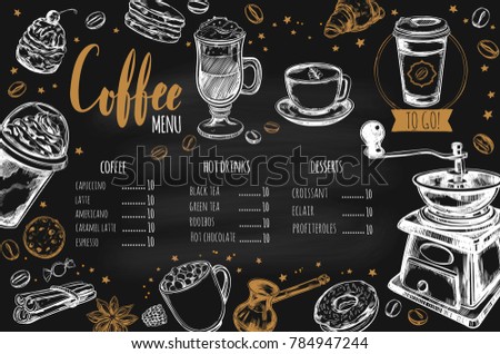 Coffee and Bakery restaurant Menu, brochure. Vector hand drawn template with sketch illustrations and handwritten Chalkboard Lettering, Calligraphy. Royalty-Free Stock Photo #784947244