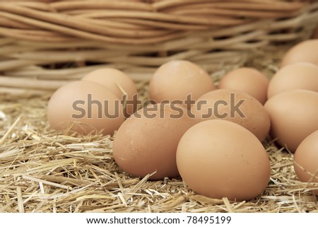 Chicken eggs on a straw bazaar counter Royalty-Free Stock Photo #78495199