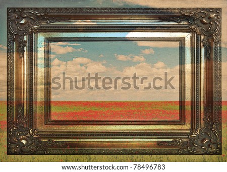 field of poppies. vintage picture in old golden frame