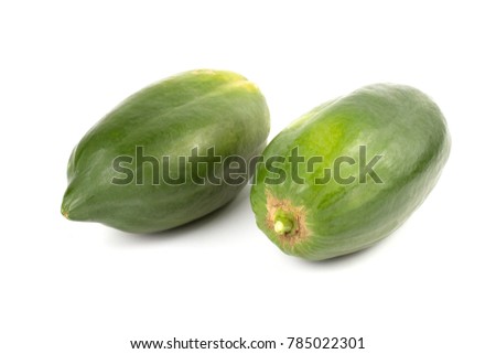 Two Fresh Green yellow Papaya or pawpaw isolated on white background. The picture shows a header and the tip of the papaya.