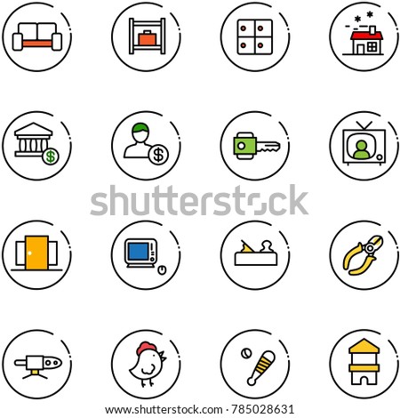 line vector icon set - vip waiting area vector, baggage room, house, account, key, tv news, doors, monoblock pc, jointer, side cutters, pipe welding, chicken toy, baseball bat, block