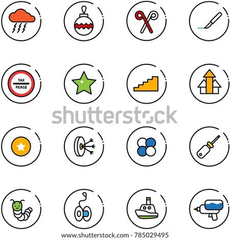 line vector icon set - storm vector, christmas ball, santa stick, scalpel, tax peage road sign, star, stairs, arrows up, medal, solution, atom core, screwdriver, toy caterpillar, yoyo, boat