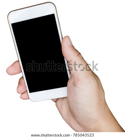 isolated hands holding white mobile phone with blank screen in the white background