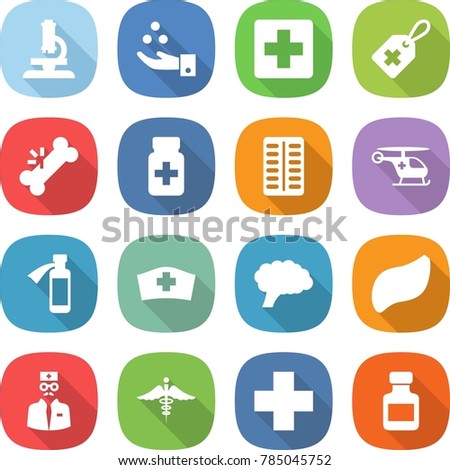 flat vector icon set - microscope vector, chemical industry, medical cross, label, broken bone, pills bottle, blister, ambulance helicopter, potion, hat, brain, liver, doctor, sign