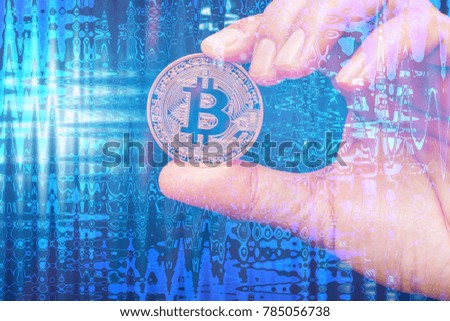 Double exposure of hand holding bitcoin digital money currency and technology graphic design background