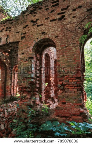 The wall of an ancient monastery. The ruins of an ancient monastery in a thicket of wild forest.