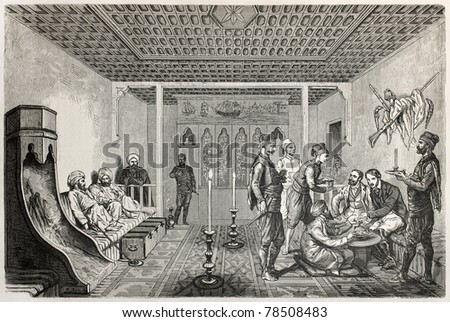 Old illustration of konak interior in Aksaray, Turkie. Created by Castelli, published on Le Tour du Monde, Paris, 1864