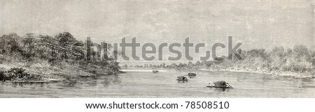 Old view of Apu Paru river in Sacramento plains, Peru. Created by Riou and Hildibrand, published on Le Tour du Monde, Paris, 1864