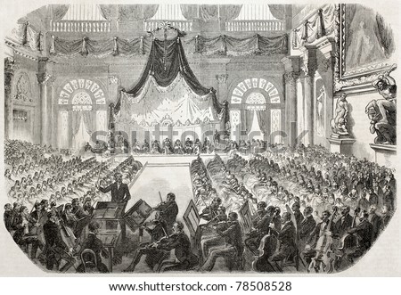 Concert offered to the Pope Pio IX in Palazzo Vecchio (Old Palace), Florence. Created by Worms after sketch of Levasseur, published on L'Illustration Journal Universel, Paris, 1857