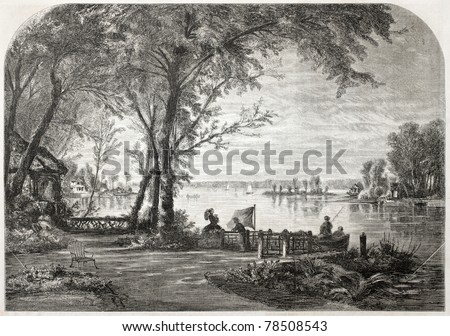Old illustration of Enghien lake, Paris surroundings. Created by Blanchard, published on L'Illustration Journal Universel, Paris, 1857
