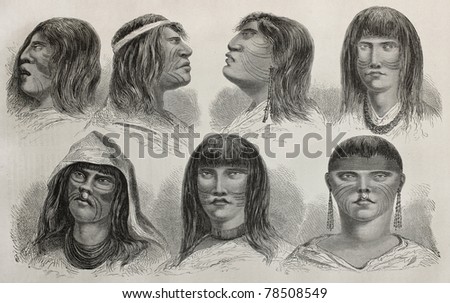Old illustration of native Peruvians types. Created by Riou, published on Le Tour du Monde, Paris, 1864