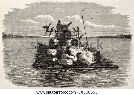 Old illustration of a natiive Peruvian on a barge carrying animals and various goods. Created by Riou, published on Le Tour du Monde, Paris, 1864