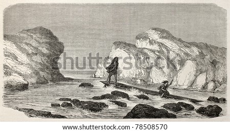 Old illustration of natives Peruvian canoeing through rapids. Created by Riou, published on Le Tour du Monde, Paris, 1864