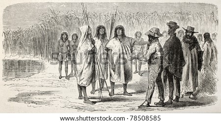 Old illustration of presentation between natives peruvian and westerners. Created by Riou, published on Le Tour du Monde, Paris, 1864 Royalty-Free Stock Photo #78508585