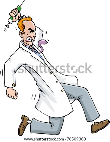 Cartoon of Psycho doctor running with a syringe. Isolated