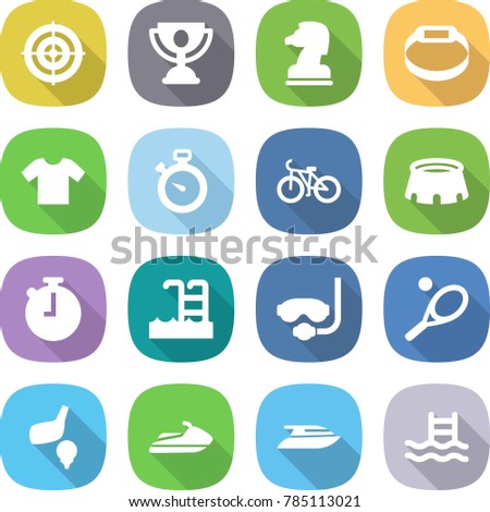 flat vector icon set - target vector, trophy, chess horse, smart bracelet, t shirt, stopwatch, bike, stadium, pool, diving mask, tennis, golf, jet ski, yacht