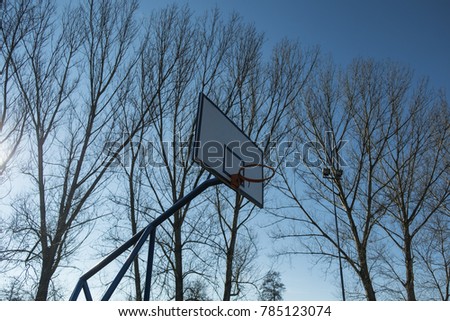 Old outdoor basketball court with tree ranches and blue sky in the background. Virtual games, increased social network activity concept
