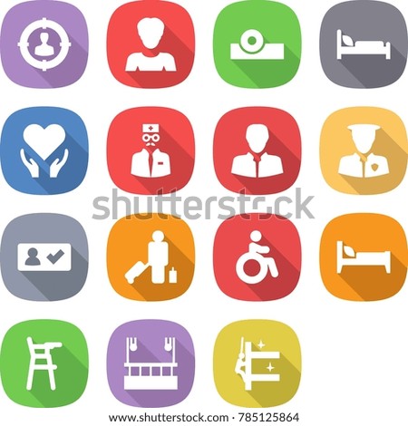 flat vector icon set - target audience vector, woman, head reflector, hospital bed, health care, doctor, client, security man, check in, passenger, invalid, Chair for babies, skysrcapers cleaning