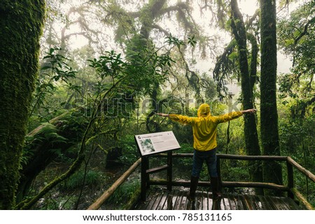 A man standing on wooden floor with open arms at Ang Ka Luang Nature Trail Doi Inthanon in Chiang mai , Thailand