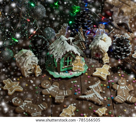 Beautiful gingerbread houses. Bakery products. New Year. 