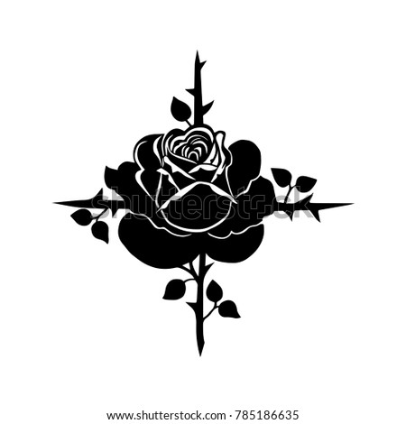 

The rose on the cross which is made of the branches with thorns and leaves. Vector black and white illustration.