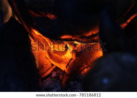 Closeup yellow flame burning charcoal ember. Abstract Fire. Selective focus