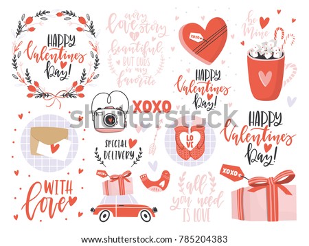 Valentines Day set with love elements, heart, overlays, calligraphy, wreath and etc. Template for Sticker kit, Greeting, Congratulations, Invitations, Planners. Vector illustration