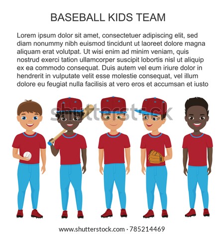 Vector Cartoon school baseball kids team in uniform isolated.