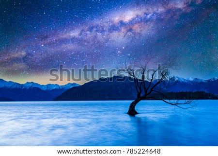 Sunset and milkyway background at Wanaka Lake, New Zealand