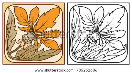 Outline hand drawing coloring page for the adult coloring book with decorative elements in the style of ceramic tiles in art nouveau style. With colored sample. Stock vector illustration.