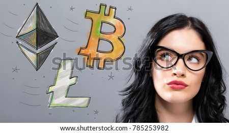 Bitcoin, Ethereum and Litecoin with young businesswoman in a thoughtful face