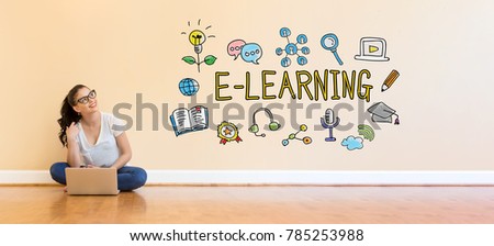 E-Learning text with young woman using a laptop computer on floor